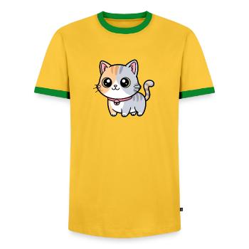 Calico Kitten Collar Charm - Men's Ringer Shirt - yellow/green  - Front - AI Model Female 172 light (172cm) & AI Model Male 178 dark (178cm)
