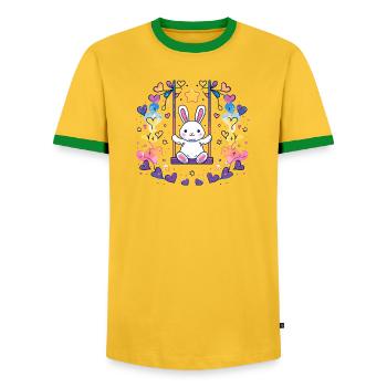 Fröhliches Bunny-Schaukel-Design - Männer Kontrast-T-Shirt - Gelb/Grün  - Vorne - AI Model Female 172 light (172cm) & AI Model Male 178 dark (178cm)