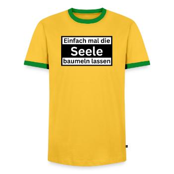 Einfach_mal_die_Selle_baumeln - Männer Kontrast-T-Shirt - Gelb/Grün  - Vorne - AI Model Female 172 light (172cm) & AI Model Male 178 dark (178cm)