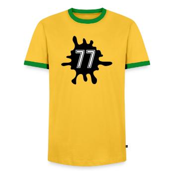Nombre de Blobs 77 - T-shirt contrasté Homme - jaune/vert  - Devant - AI Model Female 172 light (172cm) & AI Model Male 178 dark (178cm)