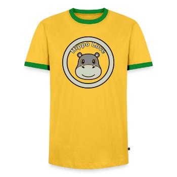 Hippo Love Nilpferd Logo Abzeichen - Männer Kontrast-T-Shirt - Gelb/Grün  - Vorne - AI Model Female 172 light (172cm) & AI Model Male 178 dark (178cm)