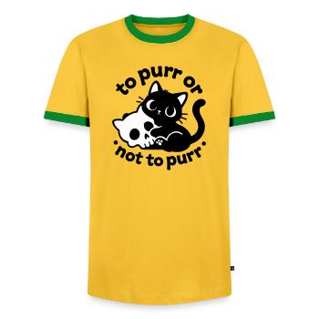To Purr or Not to Purr | Black Cat Saying - Men's Ringer Shirt - yellow/green  - Front - AI Model Female 172 light (172cm) & AI Model Male 178 dark (178cm)