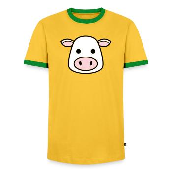 Mignonne Tête de Vache Visage Vector de la BD - T-shirt contrasté Homme - jaune/vert  - Devant - AI Model Female 172 light (172cm) & AI Model Male 178 dark (178cm)