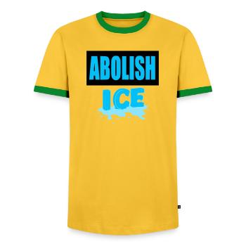 Abolish I.C.E :  - T-shirt contrasté Homme - jaune/vert  - Devant - AI Model Female 172 light (172cm) & AI Model Male 178 dark (178cm)