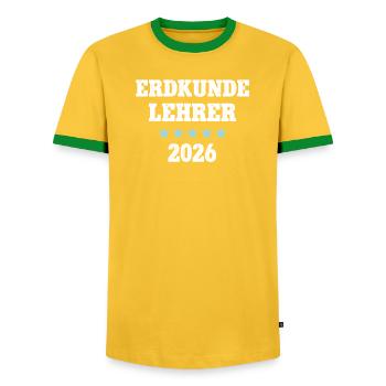 Geography Teacher 2026 Occupation Studies Teacher Training Geo - Men's Ringer Shirt - yellow/green  - Front - AI Model Female 172 light (172cm) & AI Model Male 178 dark (178cm)