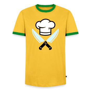 Chef's Hat Knife Logo - Men's Ringer Shirt - yellow/green  - Front - AI Model Female 172 light (172cm) & AI Model Male 178 dark (178cm)