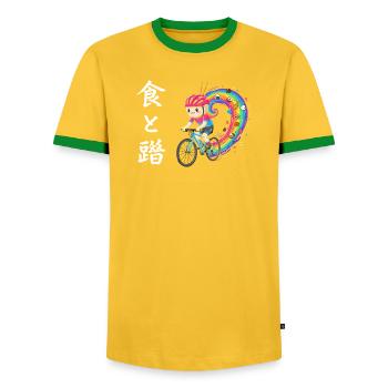 Rainbow Ride : Cycliste de Trails Foodie - T-shirt contrasté Homme - jaune/vert  - Devant - AI Model Female 172 light (172cm) & AI Model Male 178 dark (178cm)