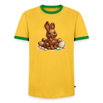 Chocolate bunny with Easter eggs - Men's Ringer Shirt - yellow/green  - Front - AI Model Female 172 light (172cm) & AI Model Male 178 dark (178cm)