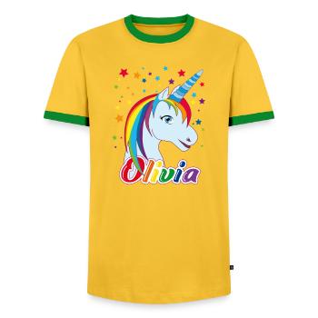 Unicorn Olivia Rainbow - Men's Ringer Shirt - yellow/green  - Front - AI Model Female 172 light (172cm) & AI Model Male 178 dark (178cm)