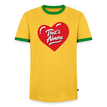 "That's AiMore" pun shirt with her - Men's Ringer Shirt - yellow/green  - Front - AI Model Female 172 light (172cm) & AI Model Male 178 dark (178cm)