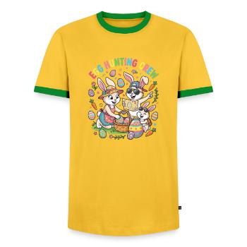 Hosterhasen Familie -Eier Sammler - Männer Kontrast-T-Shirt - Gelb/Grün  - Vorne - AI Model Female 172 light (172cm) & AI Model Male 178 dark (178cm)