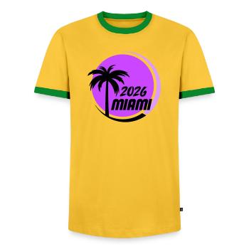 Miami Palm Trees Neon Logo - Men's Ringer Shirt - yellow/green  - Front - AI Model Female 172 light (172cm) & AI Model Male 178 dark (178cm)