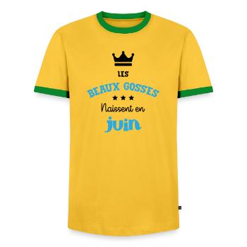 Cadeau naissance bébé garçon Juin Beaux Gosses BG - T-shirt contrasté Homme - jaune/vert  - Devant - AI Model Female 172 light (172cm) & AI Model Male 178 dark (178cm)