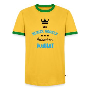 Cadeau naissance bébé garçon Juillet Beaux Gosses - T-shirt contrasté Homme - jaune/vert  - Devant - AI Model Female 172 light (172cm) & AI Model Male 178 dark (178cm)