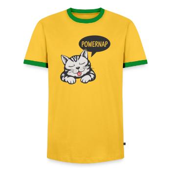 Powernap Cat - Sleeping Motif - Men's Ringer Shirt - yellow/green  - Front - AI Model Female 172 light (172cm) & AI Model Male 178 dark (178cm)