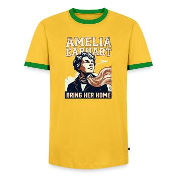 Amelia Earhart – Bring Her Home - Men's Ringer Shirt - yellow/green  - Front - AI Model Female 172 light (172cm) & AI Model Male 178 dark (178cm)