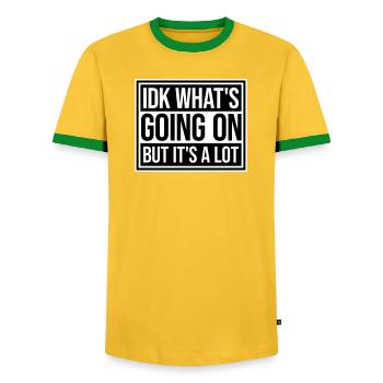 Je ne sais pas ce qui se passe mais c’est vraiment dépassé - T-shirt contrasté Homme - jaune/vert  - Devant - AI Model Female 172 light (172cm) & AI Model Male 178 dark (178cm)