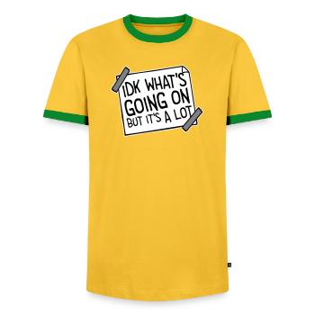 Je ne sais pas ce qui se passe mais c’est vraiment dépassé - T-shirt contrasté Homme - jaune/vert  - Devant - AI Model Female 172 light (172cm) & AI Model Male 178 dark (178cm)