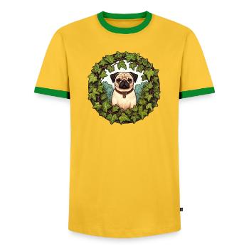 Pug in Ivy Wreath - Men's Ringer Shirt - yellow/green  - Front - AI Model Female 172 light (172cm) & AI Model Male 178 dark (178cm)