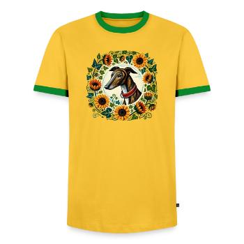 Greyhound in Sunflower Ring - Men's Ringer Shirt - yellow/green  - Front - AI Model Female 172 light (172cm) & AI Model Male 178 dark (178cm)
