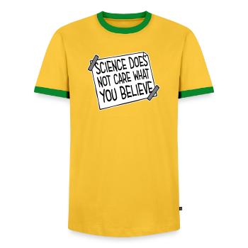 Science Does Not Care What You Believe Facts Logo - Men's Ringer Shirt - yellow/green  - Front - AI Model Female 172 light (172cm) & AI Model Male 178 dark (178cm)