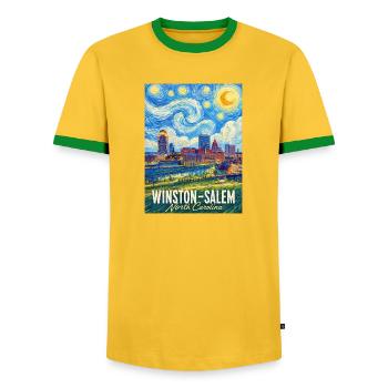 Winston-Salem, North Carolina  - Männer Kontrast-T-Shirt - Gelb/Grün  - Vorne - AI Model Female 172 light (172cm) & AI Model Male 178 dark (178cm)