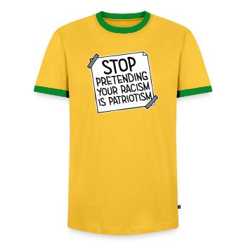 Stop Pretending Your Racism Is Patriotism Politik - Männer Kontrast-T-Shirt - Gelb/Grün  - Vorne - AI Model Female 172 light (172cm) & AI Model Male 178 dark (178cm)