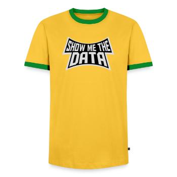 Show Me The Data Funny Nerd Analyst Sarcastic - Men's Ringer Shirt - yellow/green  - Front - AI Model Female 172 light (172cm) & AI Model Male 178 dark (178cm)