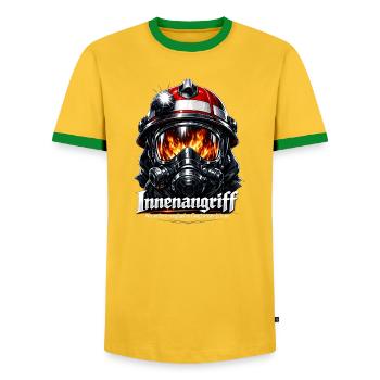 Feuerwehr Innenangriff Flammenhelm - Männer Kontrast-T-Shirt - Gelb/Grün  - Vorne - AI Model Female 172 light (172cm) & AI Model Male 178 dark (178cm)