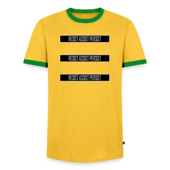 Resist Assist Persist Activism Motivation Logo - Men's Ringer Shirt - yellow/green  - Front - AI Model Female 172 light (172cm) & AI Model Male 178 dark (178cm)