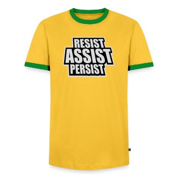 Resist Assist Persist Activism Motivation Logo - Men's Ringer Shirt - yellow/green  - Front - AI Model Female 172 light (172cm) & AI Model Male 178 dark (178cm)