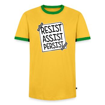 Resist Assist Persist Activism Motivation Logo - Men's Ringer Shirt - yellow/green  - Front - AI Model Female 172 light (172cm) & AI Model Male 178 dark (178cm)