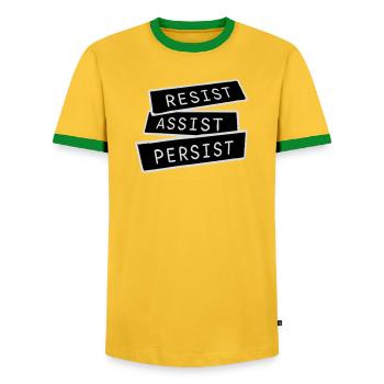 Resist Assist Persist Activism Motivation Logo - Men's Ringer Shirt - yellow/green  - Front - AI Model Female 172 light (172cm) & AI Model Male 178 dark (178cm)