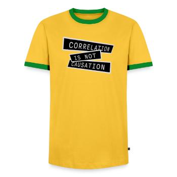 Correlation Is Not Causation Nerd Science - Men's Ringer Shirt - yellow/green  - Front - AI Model Female 172 light (172cm) & AI Model Male 178 dark (178cm)