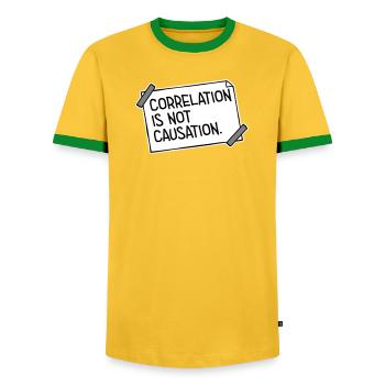 Correlation Is Not Causation Nerd Science - Men's Ringer Shirt - yellow/green  - Front - AI Model Female 172 light (172cm) & AI Model Male 178 dark (178cm)