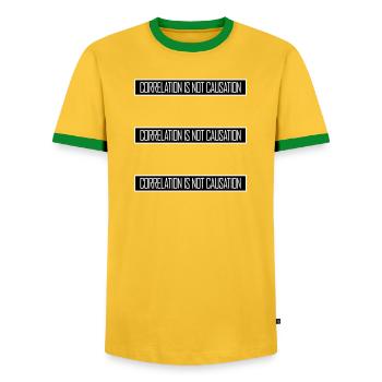 Correlation Is Not Causation Nerd Science - Men's Ringer Shirt - yellow/green  - Front - AI Model Female 172 light (172cm) & AI Model Male 178 dark (178cm)