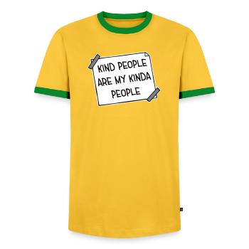 Kind People Are My Kinda People Friendliness - Men's Ringer Shirt - yellow/green  - Front - AI Model Female 172 light (172cm) & AI Model Male 178 dark (178cm)