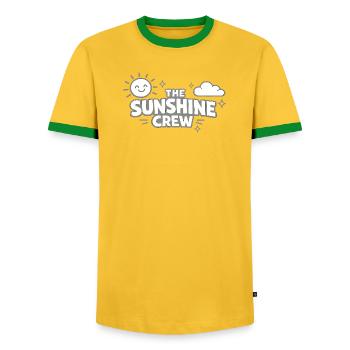 The Sunshine Crew Sun Logo - Men's Ringer Shirt - yellow/green  - Front - AI Model Female 172 light (172cm) & AI Model Male 178 dark (178cm)