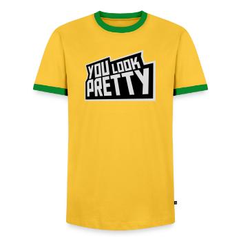 Tu as l’air assez drôle, complément Logo de l’amour de soi - T-shirt contrasté Homme - jaune/vert  - Devant - AI Model Female 172 light (172cm) & AI Model Male 178 dark (178cm)