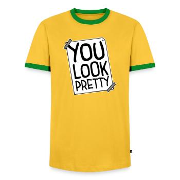Tu as l’air assez drôle, complément Logo de l’amour de soi - T-shirt contrasté Homme - jaune/vert  - Devant - AI Model Female 172 light (172cm) & AI Model Male 178 dark (178cm)