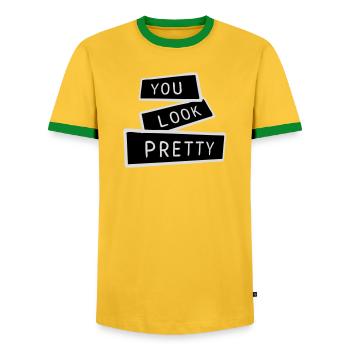Tu as l’air assez drôle, complément Logo de l’amour de soi - T-shirt contrasté Homme - jaune/vert  - Devant - AI Model Female 172 light (172cm) & AI Model Male 178 dark (178cm)