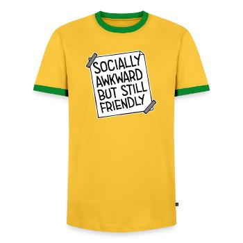Socially Awkward But Still Friendly Lustig Spruch - Männer Kontrast-T-Shirt - Gelb/Grün  - Vorne - AI Model Female 172 light (172cm) & AI Model Male 178 dark (178cm)