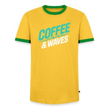 Coffee Waves Surfing Coffee & Waves Surfer Beach - Men's Ringer Shirt - yellow/green  - Front - AI Model Female 172 light (172cm) & AI Model Male 178 dark (178cm)
