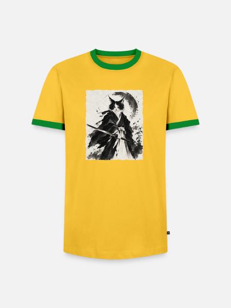Katzen Samurai im Tintenstil - Männer Kontrast-T-Shirt - Gelb/Grün 