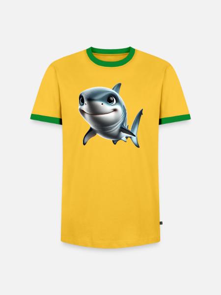 Fröhlicher Hai Cartoon Print - Männer Kontrast-T-Shirt - Gelb/Grün