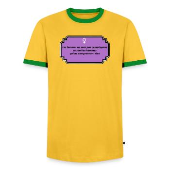 Message féminisme et liberté féminine - T-shirt contrasté Homme - jaune/vert  - Devant - AI Model Female 172 light (172cm) & AI Model Male 178 dark (178cm)