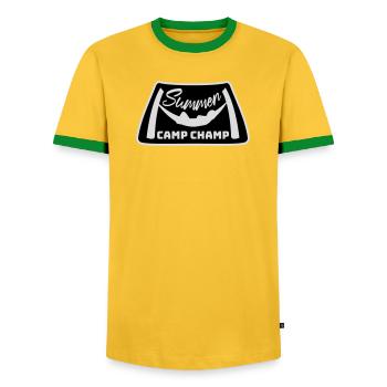 Summer Camp Champ Lustig Kinder Outdoor Abenteuer - Männer Kontrast-T-Shirt - Gelb/Grün  - Vorne - AI Model Female 172 light (172cm) & AI Model Male 178 dark (178cm)