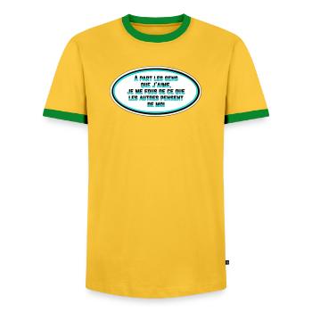 Es ist mir egal, was die Leute von mir denken - Männer Kontrast-T-Shirt - Gelb/Grün  - Vorne - AI Model Female 172 light (172cm) & AI Model Male 178 dark (178cm)