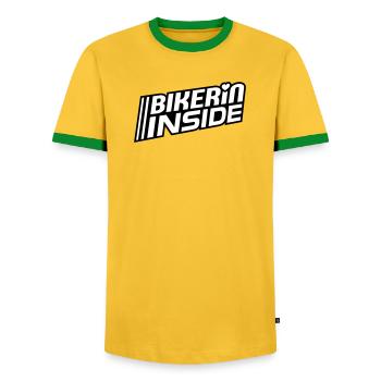 Bikerin à l’intérieur des lettres (les couleurs peuvent être modifiées) - T-shirt contrasté Homme - jaune/vert  - Devant - AI Model Female 172 light (172cm) & AI Model Male 178 dark (178cm)