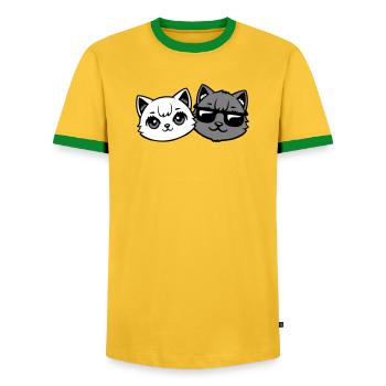 Cute Kittens Cool Male Couple Black and White Cats - Men's Ringer Shirt - yellow/green  - Front - AI Model Female 172 light (172cm) & AI Model Male 178 dark (178cm)